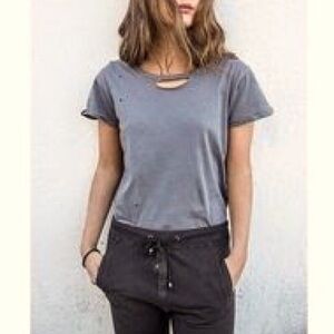 Ragdoll 100% Cotton Grey distressed destroyed short sleeve top women's size S